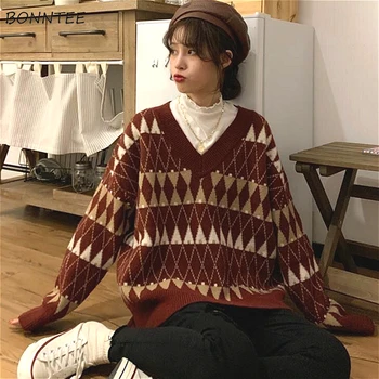 Sweater Wanita Vintage Argyle Korea All-Match Chic Leher V Wanita Pullover Mahasiswa Malas Gaya Populer Musim Dingin Wanita Sweater Baru