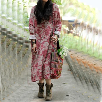 Gaun Longgar Linen Katun Motif Bunga Antik Lengan Panjang Wanita 2022 Musim Gugur Gaun Jubah Longgar Retro Gaun Kasual