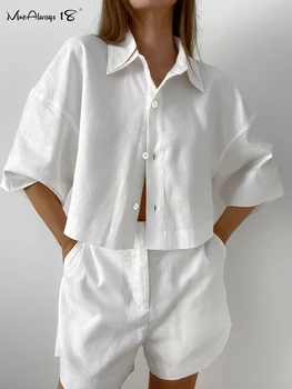 Mnealways18 Set Celana Pendek Linen Katun Putih Pakaian Jalanan 2 Potong Kemeja Lengan Pendek dan Celana Pendek Kaki Lebar Setelan Wanita Musim Panas 2023