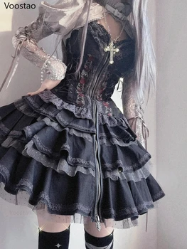 Gothic Lolita Y2k Gaun Wanita Vintage Victoria Harajuku Renda Perban Bordir Mawar Gaun Pesta Anak Perempuan Tanpa Lengan Vestidos