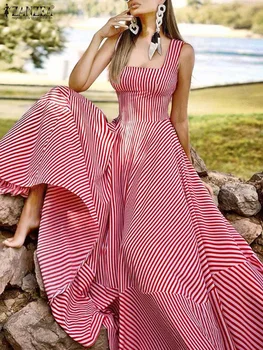 Gaun Maxi Elegan Prancis Musim Panas 2023 Gaun Tanpa Lengan Pesta Pantai Lengan Panjang Gamis Motif Bergaris Chic Wanita Gaun Tangki Liburan Sundress
