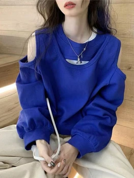 Deeptown Sweatshirt Solid Fashion Korea Wanita Harajuku Hip Hop Hoodie Oversized Longgar Kasual Off Bahu Atasan All-Match Y2K