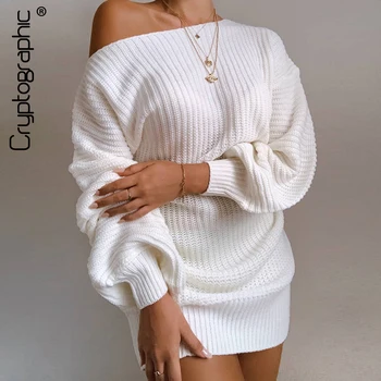 Gaun Mini Rajutan Kasual Kriptografi Sweater Musim Gugur Musim Dingin Wanita Gaun Rajut Lengan Panjang Balon Gaun Wanita Jersey Longgar