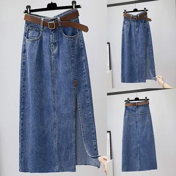 Rok Y2k Wanita Rok Denim 2023 Jeans Wanita Panjang Betis Pinggang Tinggi Sabuk Keinginan Biru Pakaian Musim Panas Streetwear Fashion