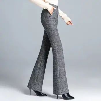 Celana Flare Wol Tebal Mode Wanita Kantor Celana Panjang Setelan Kasual Solid Wanita Kaki Lebar Pinggang Ramping Korea Baru Musim Gugur Musim Dingin