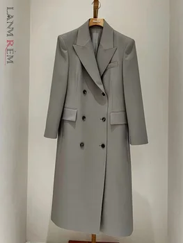 Mantel Blazer Panjang Lanmrem untuk Wanita Lengan Panjang Berpayudara Ganda Pakaian Wanita Kantor Kasual Mode 2023 Musim Semi Baru 2YA2112