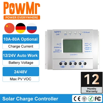 PowMr Solar Charge Controller 12 V 24 V 10A 20A 30A 40A 60A 80A PWM Controller untuk Pengisian Baterai Tenaga Surya Asam Timbal LiFePO4