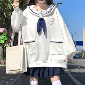 Kaus Lucu Hoodie Kerah Manis Wanita Musim Gugur Musim Dingin Atasan Wanita Harajuku Gaya Jepang Wanita dengan Saku Sweatshirt