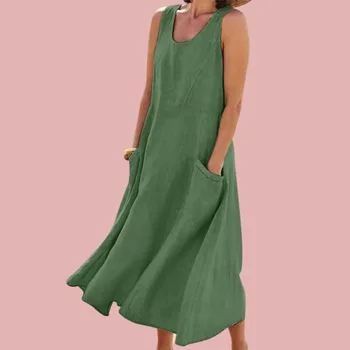 Gaun Panjang Longgar Linen Wanita 2023 Pakaian Rumah Kasual Musim Panas Mode Korea Gaun Malam Jubah Warna Solid Tanpa Lengan Katun Ukuran Besar