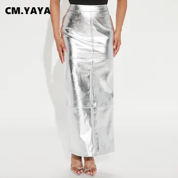 CM.Yaya Vintage Wanita Kulit Imitasi Patchwork Bodycon Midi Pensil Rok Panjang Maxi 2023 Street IN Fashion PU OL Rok