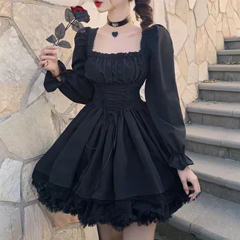 Gaun Hitam Lengan Panjang Lolita Goth Aesthetic Puff Sleeve High Waist Vintage Balutan Hiasan Renda Pakaian Pesta Kelulusan Wanita