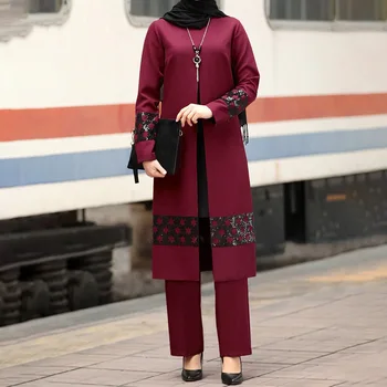 Bantuan Dua Potong Set Muslim Abaya Wanita Musulman Ansambel Gaun Jilbab Turki Kaftan Pakaian Islam Kaftan Maroko Setelan Abaya