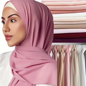 Syal Jilbab Sifon Warna Solid Muslim Syal Panjang Ramadhan Wanita Mode Syal Kepala Sorban Bandana Bungkus Kepala Klasik