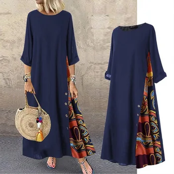 Gaun Musim Panas Wanita 2023 Gaun Panjang Lengan Tiga Perempat Katun Linen Antik Pakaian Longgar Kasual Gaun Pesta Streetwear