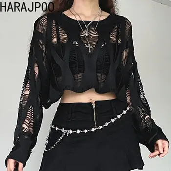 Harajpoo Pullover Rajutan Wanita Gelap 2023 Fashion Korea Harajuku Atasan Lengan Panjang Robek Sweter Gadis Musim Panas Kerawang Seksi