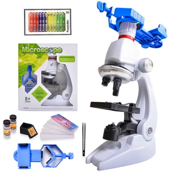 Kit Mikroskop Lab LED 100X-400X-1200X Hadiah Mainan Edukasi Sains Sekolah Rumah Mikroskop Biologis Halus untuk Anak-anak