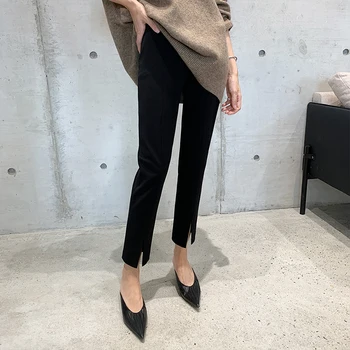 Celana Split Pensil Lurus Wanita Kantor Mode Korea 2023 Pakaian Wanita Celana Cropped Pinggang Tinggi Pantalones de mujer