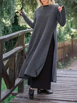 Vonda 2023 Kaus Pullover Panjang Wanita Musim Gugur Gaun Vintage Gaun Kasual Solid Split Midi Longgar Vestidos Ukuran Besar