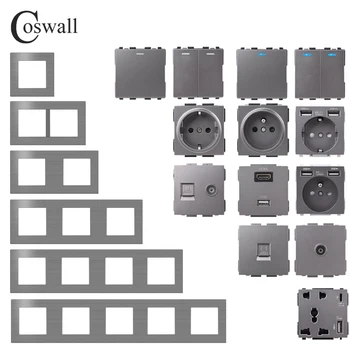 COSWALL Seri L1 Panel Aluminium Abu-abu Disikat Sakelar Dinding Abu-abu Soket Uni Eropa Pengisi Daya USB yang Kompatibel dengan HDMI Modul TV RJ45 DIY