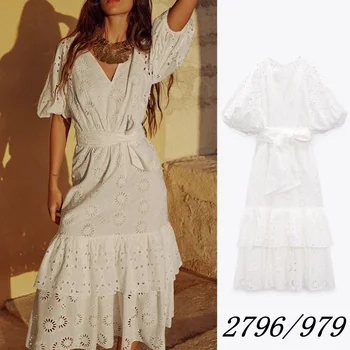 Musim Semi Baru Gaun Unizera Wanita Putih Fashion Temperamen Elegan Sabuk Bordir Hollow Berlapis Gaun 2796979