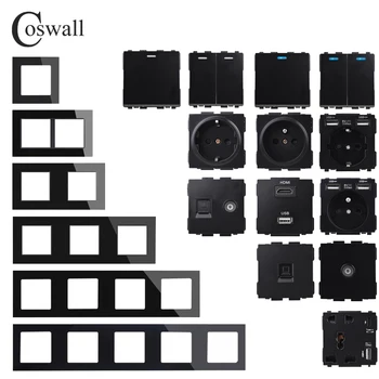 COSWALL Seri C1 Sakelar Dinding Panel Kaca Hitam Soket Prancis Uni Eropa Pengisi Daya USB yang Kompatibel dengan HDMI Modul RJ4 TV Wanita DIY