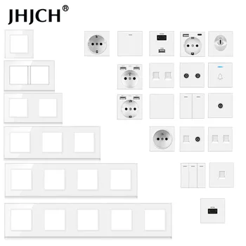 jhjch-modul pemasangan di dinding diy Tombol sakelar soket daya panel kaca putih standar Eropa diy, hdmi, kombinasi fungsi gratis
