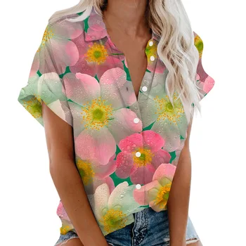 Musim Panas Bunga Matahari Bunga Kemeja 3D Cetak Jamur Wanita Lengan Pendek Kemeja Harajuku Tombol Blus Kebesaran Top Pakaian Wanita
