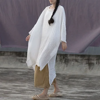 Johnature Gaun Wanita Vintage Irregular Putih Baru 2023 Pullover Warna Solid Lengan Panjang Leher-O Gaun Jepang Musim Semi