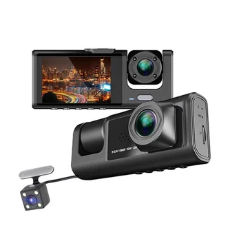 Kamera dasbor 3 Saluran untuk bagian Depan dan Belakang mobil, Penglihatan Malam IR BlackBox 1080P, Perekaman Loop Kamera DVR Mobil Layar IPS 2 Inci
