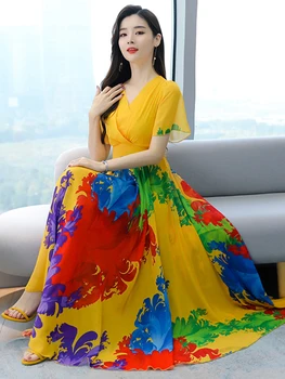 Gaun Elegan Musim Panas Panjang Pantai Boho Sifon Kuning 2023 Pakaian untuk Wanita Gaun Maxi Mewah Bodycon Bunga Hitam Prom Mode Wanita