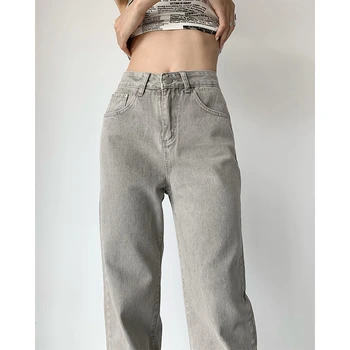 Jeans Wanita Abu-abu Celana Denim Longgar Lurus Antik Pinggang Tinggi Streetwear Mode Gaya Amerika Celana Denim Kaki Lebar Kasual