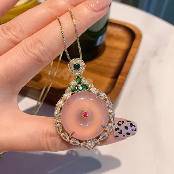 Charms 925 Sterling Silver Jade Crystal Pendant Kalung untuk Wanita Bulat Birthstone Baik Kualitas Tinggi Pink Perhiasan Ibu Hadiah