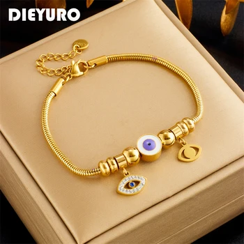 Dieyuro 316L Gelang Pesona Manik-manik Mata Baja Tahan Karat untuk Wanita Gelang Antik Baru Gelang Ulang Tahun Hadiah Perhiasan Pulsera