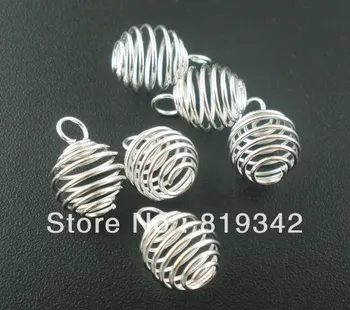 Gratis Pengiriman 100 Pcs / lot Berlapis Perak Spiral Bead Kandang Liontin Temuan 9X13 Mm Temuan Perhiasan