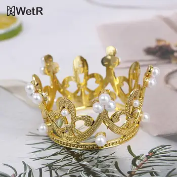 Mahkota Emas Mini Hiasan Kue Mutiara Kristal Tiara Perhiasan Rambut Anak-anak Ornamen