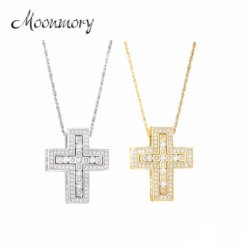 Moonmory Fashion Perhiasan Murni 925 Sterling Silver Double Cross Liontin Kalung dengan Batu Penuh untuk Pria Rantai Panjang Cross Liontin