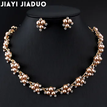 Jiayijiaduo Gaun Malam Set Perhiasan Mutiara Imitasi Pernikahan Anting Kalung untuk Aksesori Pakaian Wanita Pesona Warna Emas