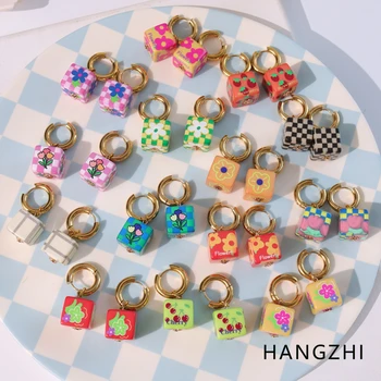 Hangzhi Fashion Warna-warni Cetak Dadu Logam Lingkaran Telinga Tulip Kecil Daisy Cherry Kotak-kotak Drop Anting-Anting untuk Wanita Perjalanan Pesta Perhiasan