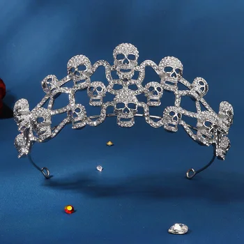 Fashion Tengkorak Mahkota Halloween Perhiasan untuk Wanita Gadis Putri Pesta Cospaly Ikat Kepala Berlian Imitasi Tiara Warna Perak Ikat Rambut