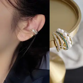 Anting Berlian Imitasi Klip Telinga Mutiara Berlapis-lapis Elegan Yang Halus Zirkon Tanpa Tindik untuk Wanita Mode Perhiasan Romantis Hadiah
