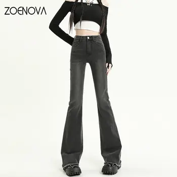 ZOENOVA Celana Denim Katun Stretch Pinggang Tinggi Baru Wanita Musim Semi 2023 Jeans Berkobar Jumbai Chic Y2k Streetwear Vintage Biru Abu-abu